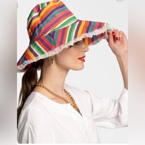 Frances Valentine Candy Stripe Cotton Canvas Fringe Sunhat New NWT